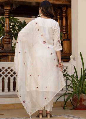 White pure viscose mango silk straight kurti pant dupatta set 2