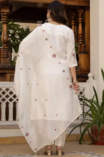 White pure viscose mango silk straight kurti pant dupatta set