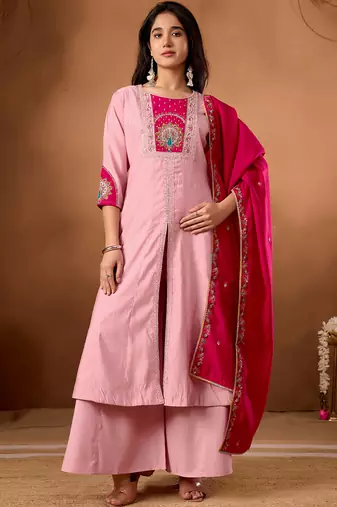Light pink roman silk kurti pant dupatta set
