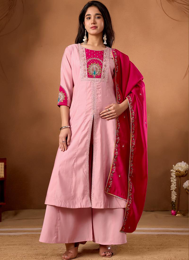 Light pink roman silk kurti pant dupatta set