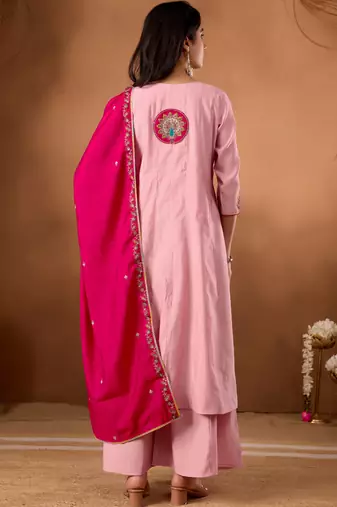 Light pink roman silk kurti pant dupatta set