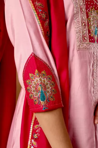 Light pink roman silk kurti pant dupatta set