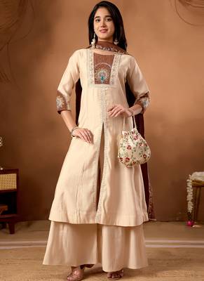 Cream roman silk kurti pant dupatta set 1