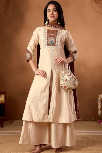 Cream roman silk kurti pant dupatta set