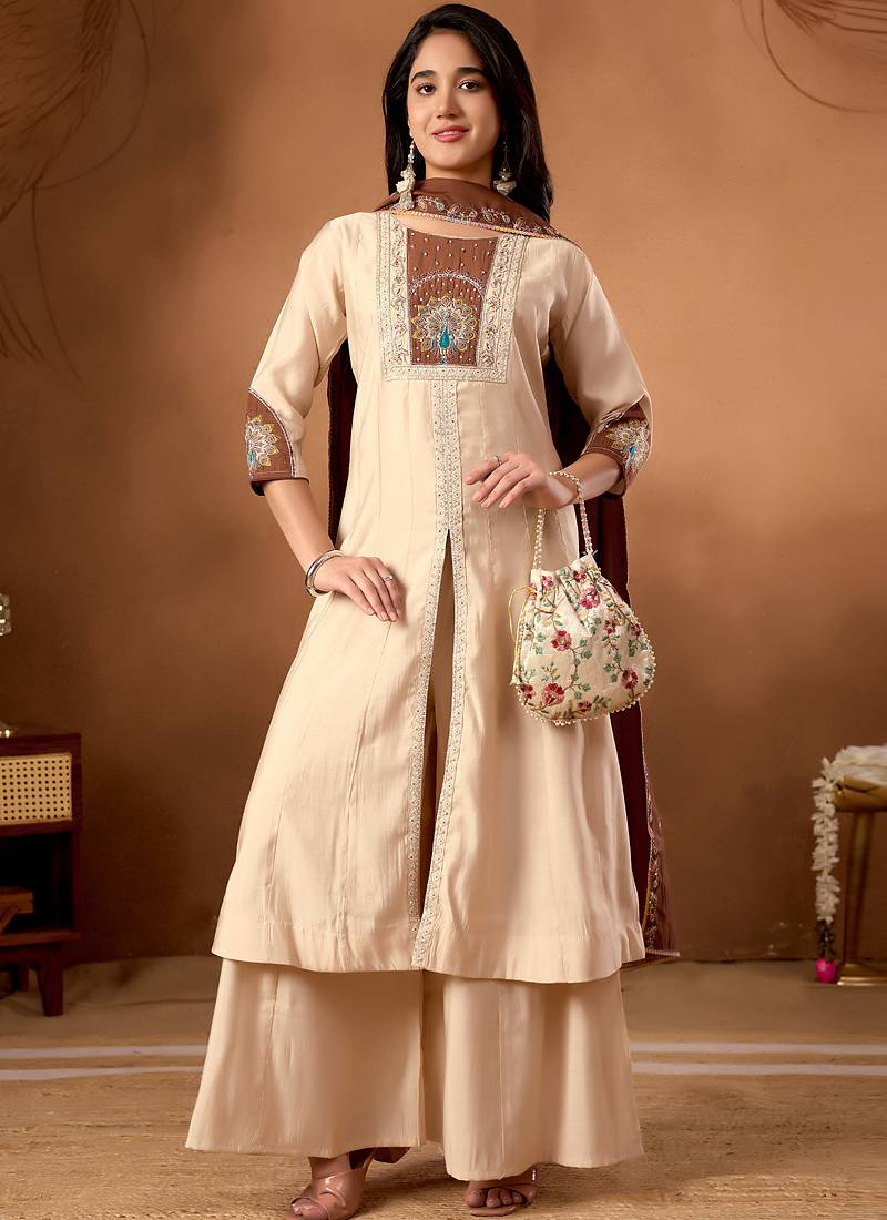 Cream roman silk kurti pant dupatta set