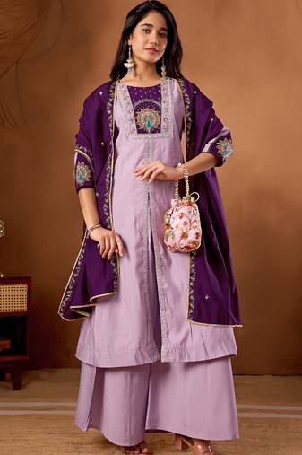 Lavender roman silk kurti pant dupatta set