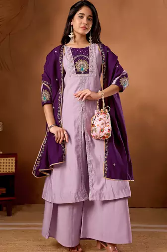 Lavender roman silk kurti pant dupatta set