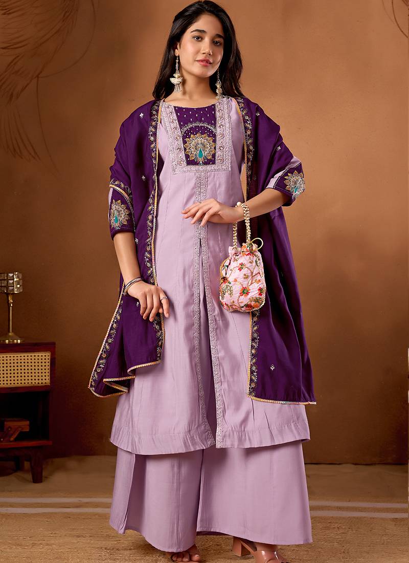 Lavender roman silk kurti pant dupatta set