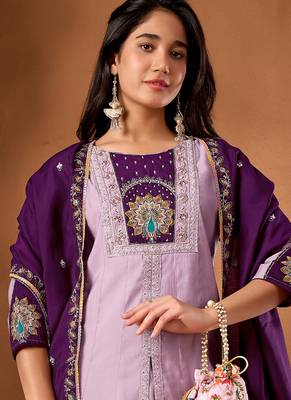 Lavender roman silk kurti pant dupatta set 3
