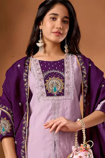 Lavender roman silk kurti pant dupatta set