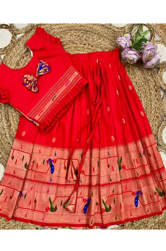 red soft silk paithani design pattu pavadai for girls ethnic wear