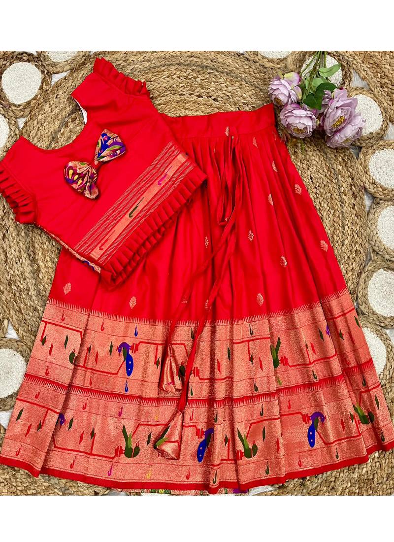 red soft silk paithani design pattu pavadai for girls ethnic wear