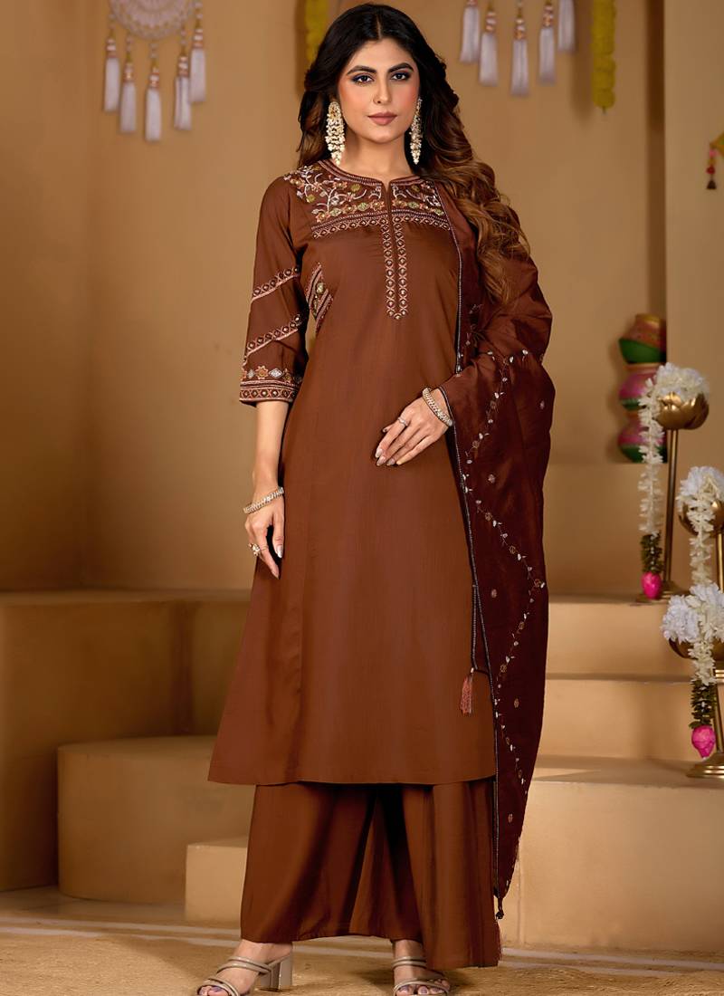 Brown viscose mango silk kurti pant dupatta set