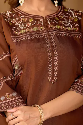 Brown viscose mango silk kurti pant dupatta set