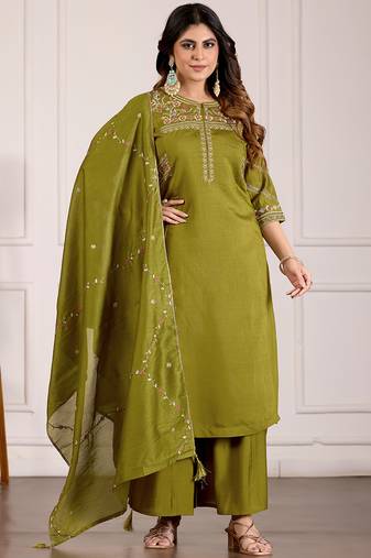 Mahendi green viscose mango silk kurti pant dupatta set