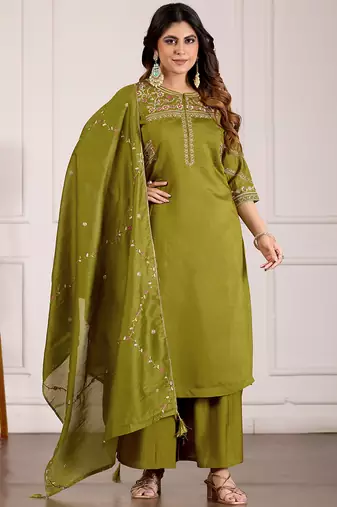 Mahendi green viscose mango silk kurti pant dupatta set