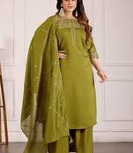 Mahendi green viscose mango silk kurti pant dupatta set