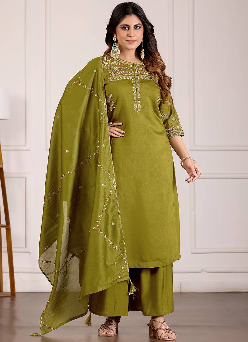 Mahendi green viscose mango silk kurti pant dupatta set