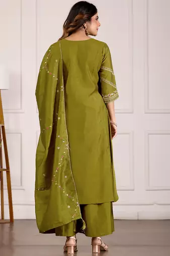 Mahendi green viscose mango silk kurti pant dupatta set