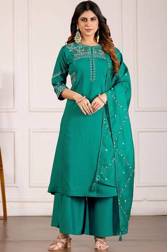 Rama green viscose mango silk kurti pant dupatta set