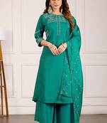 Rama green viscose mango silk kurti pant dupatta set