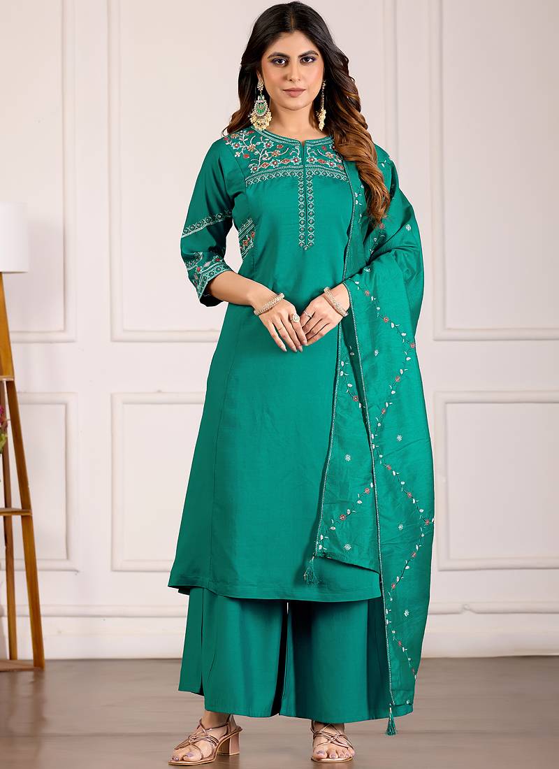 Rama green viscose mango silk kurti pant dupatta set