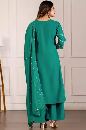 Rama green viscose mango silk kurti pant dupatta set