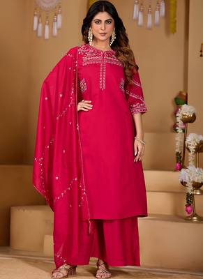 Rani pink viscose mango silk kurti pant dupatta set 1