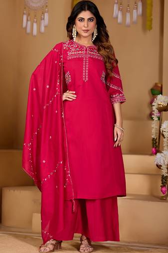 Rani pink viscose mango silk kurti pant dupatta set