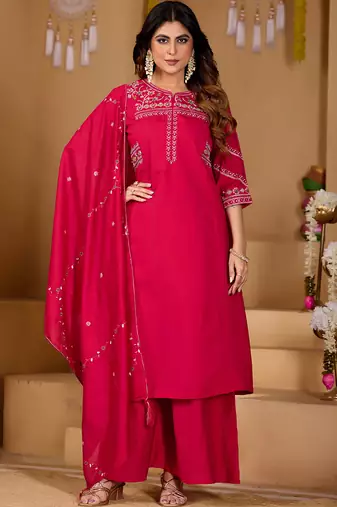 Rani pink viscose mango silk kurti pant dupatta set