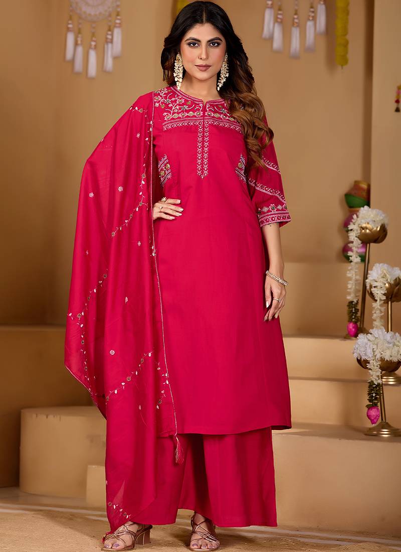 Rani pink viscose mango silk kurti pant dupatta set