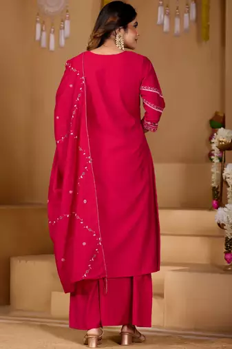Rani pink viscose mango silk kurti pant dupatta set