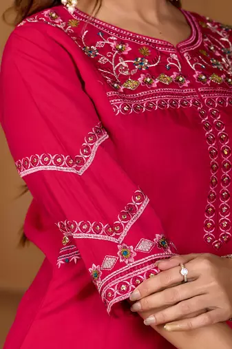 Rani pink viscose mango silk kurti pant dupatta set