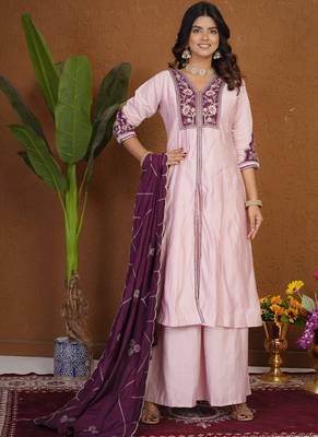 Light pink roman silk anarkali kurti pant dupatta set 1