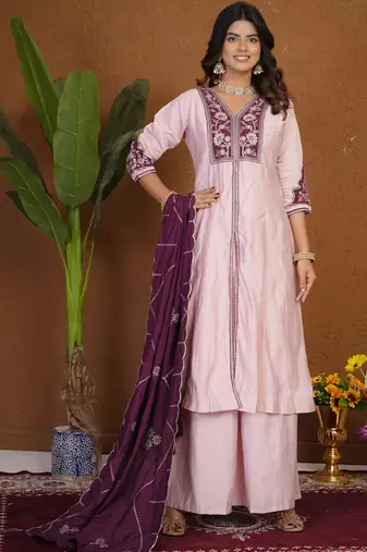 Light pink roman silk anarkali kurti pant dupatta set