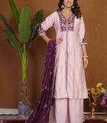 Light pink roman silk anarkali kurti pant dupatta set