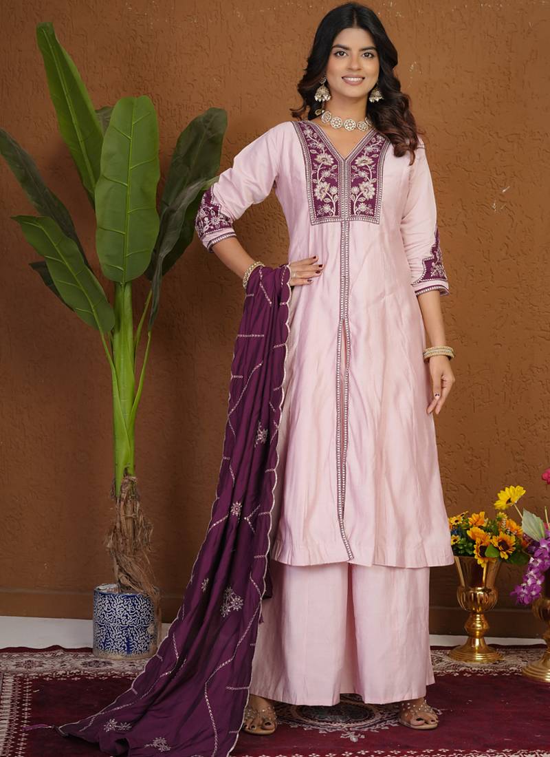 Light pink roman silk anarkali kurti pant dupatta set