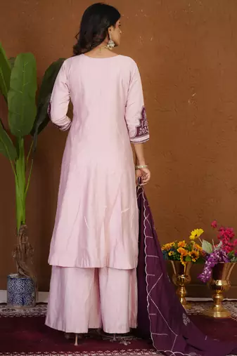 Light pink roman silk anarkali kurti pant dupatta set