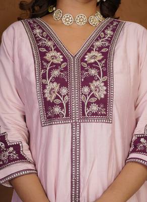 Light pink roman silk anarkali kurti pant dupatta set 3