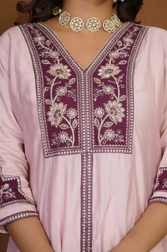 Light pink roman silk anarkali kurti pant dupatta set