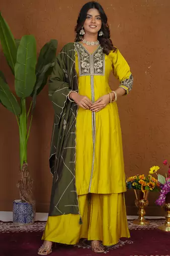 Mustard roman silk anarkali kurti pant dupatta set