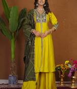 Mustard roman silk anarkali kurti pant dupatta set
