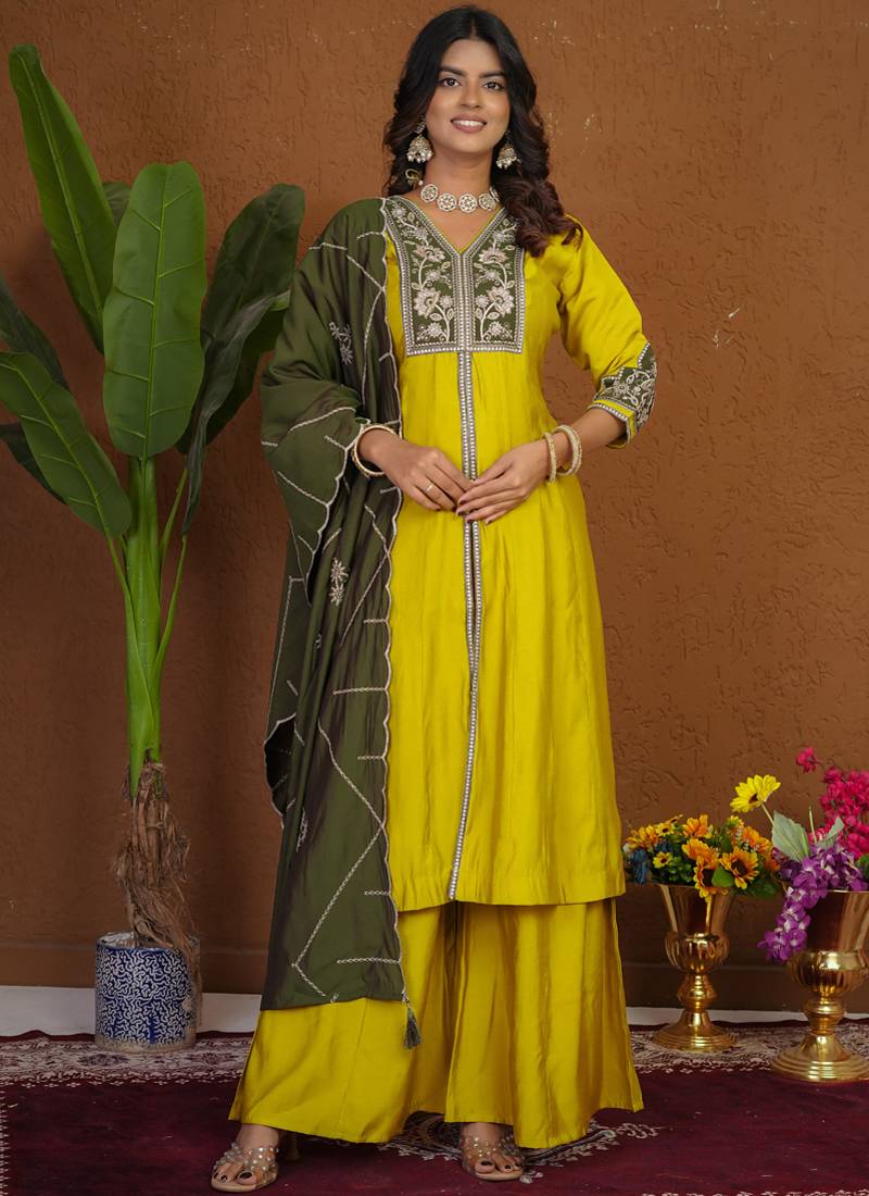 Mustard roman silk anarkali kurti pant dupatta set