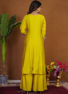 Mustard roman silk anarkali kurti pant dupatta set 2