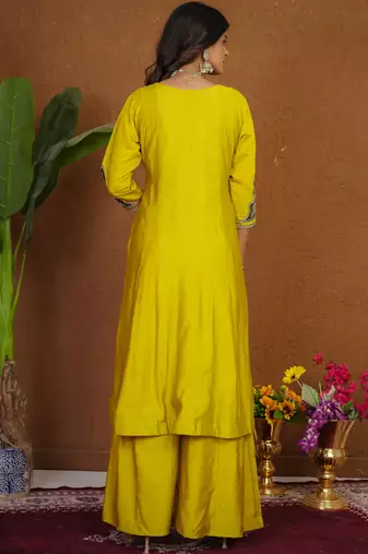 Mustard roman silk anarkali kurti pant dupatta set