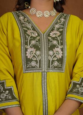 Mustard roman silk anarkali kurti pant dupatta set 3