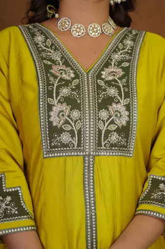 Mustard roman silk anarkali kurti pant dupatta set