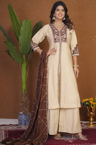 Cream roman silk anarkali kurti pant dupatta set