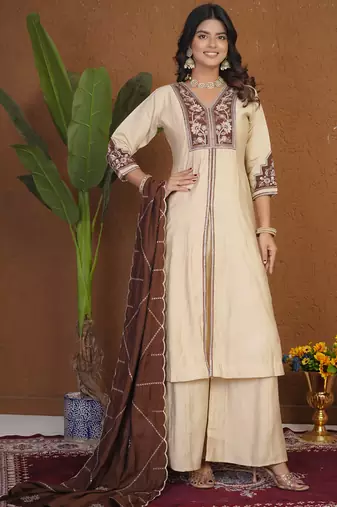 Cream roman silk anarkali kurti pant dupatta set