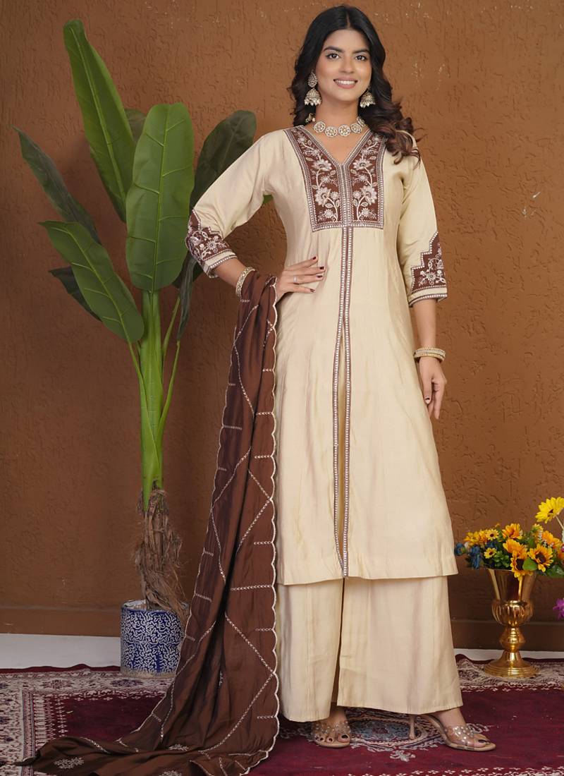Cream roman silk anarkali kurti pant dupatta set
